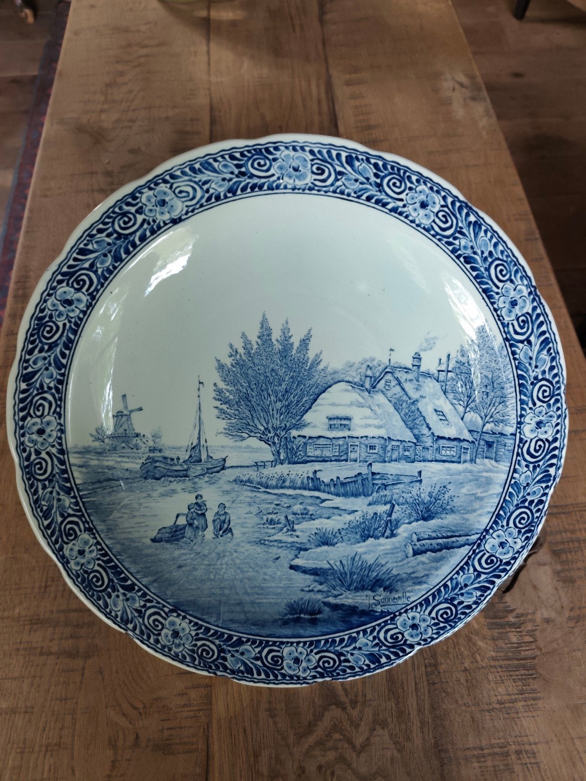 Groot Delfts blauw wandbord van Boch Belgium – diameter 40cm, Antiek en Kunst, Ophalen