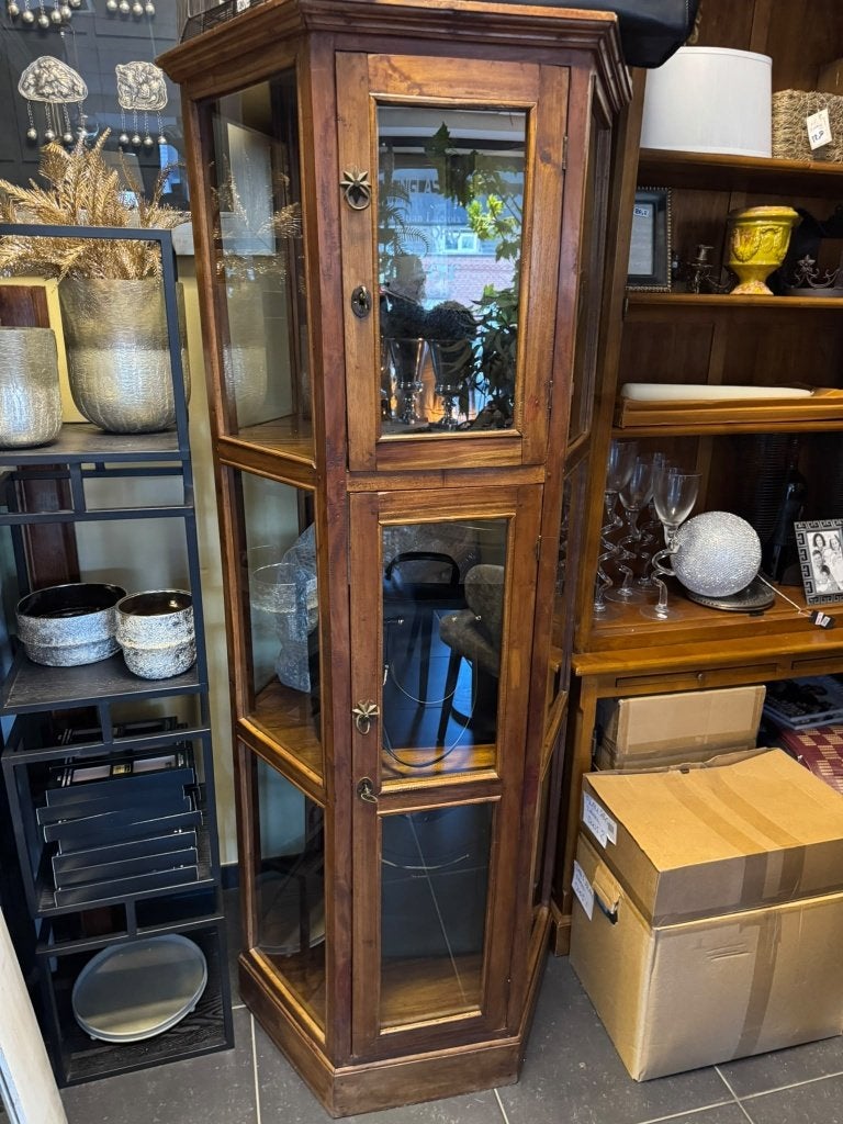 Oude zeshoekige vitrinekast massief teak met glas, Ophalen