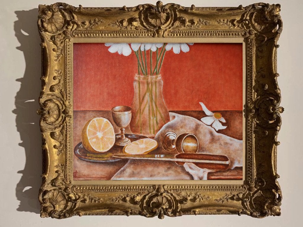 Peinture « Nature morte au citron et aux fleurs », Daté, Enlèvement ou Envoi, Peinture à l'huile, Fleurs