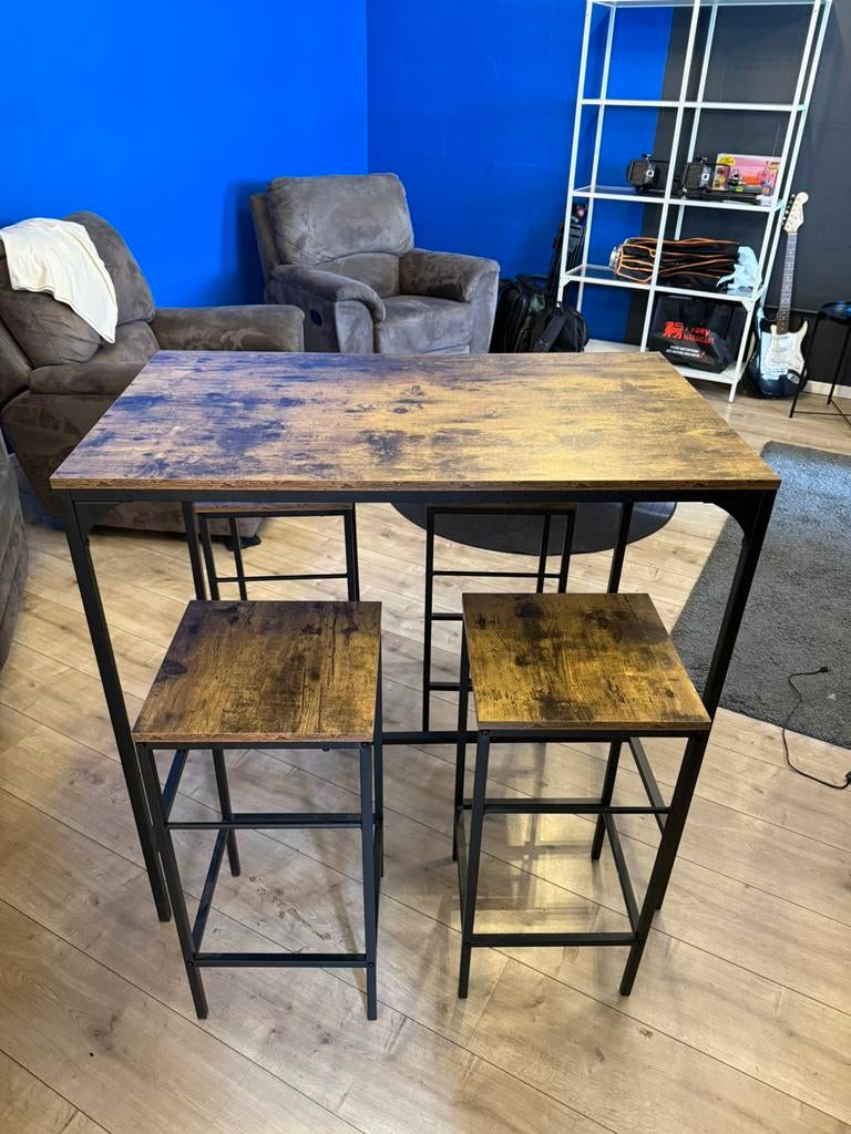 Table haute style industriel + 4 tabourets – ensemble, 100 à 150 cm, Quatre personnes, Comme neuf, Enlèvement