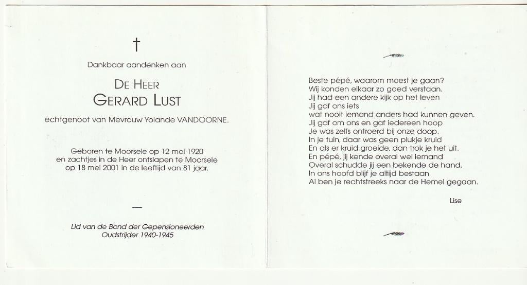 Gerard LUST Moorsele 1920 - 2001 Oudstrijder 40/45, Verzamelen, Verzenden, Bidprentje