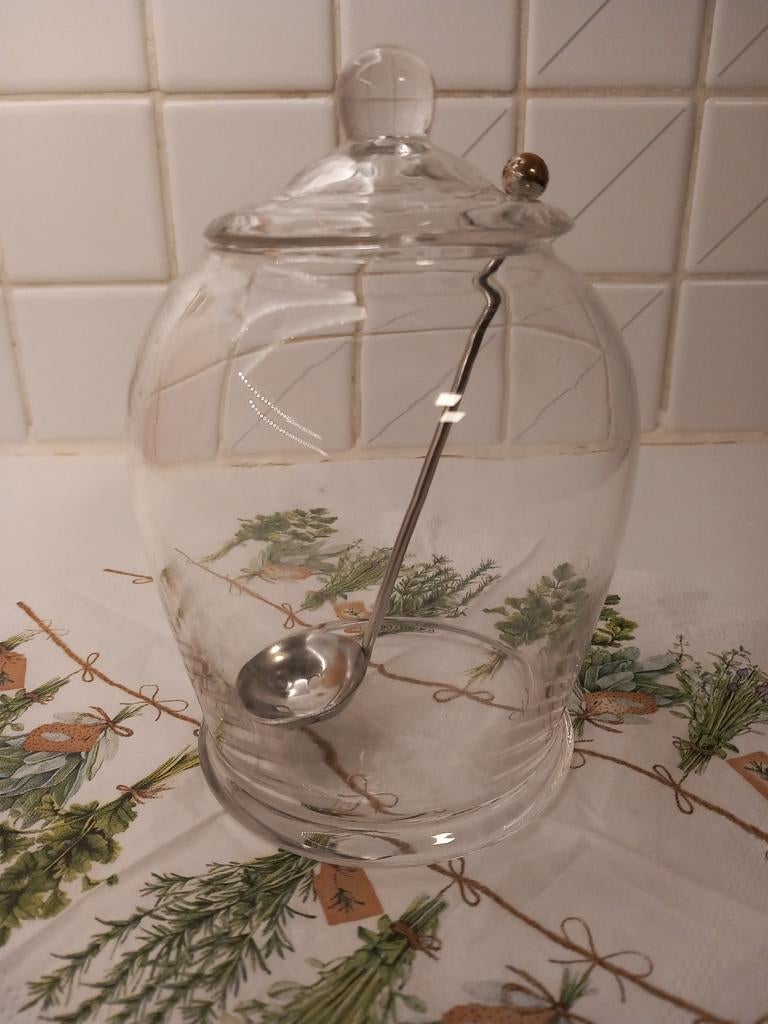 Glazen olijven pot met deksel en lepel, Huis en Inrichting, Ophalen of Verzenden, Nieuw, Glas, Kom(men)