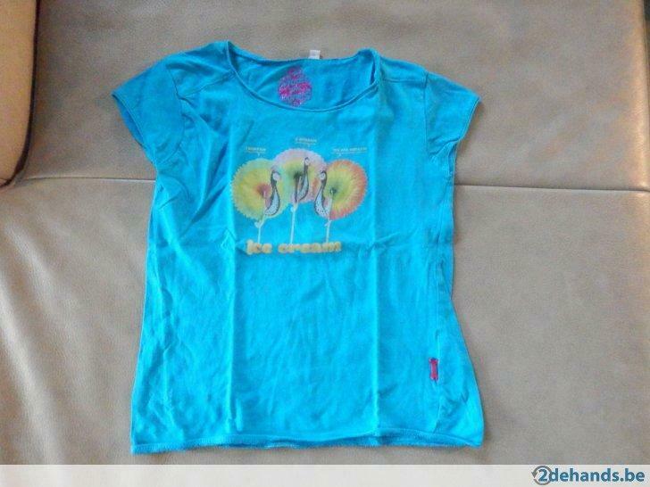 Stones and Bones: Turquoise T-shirt met pauwen maat 128, Ophalen of Verzenden, Gebruikt, Meisje, Shirt of Longsleeve