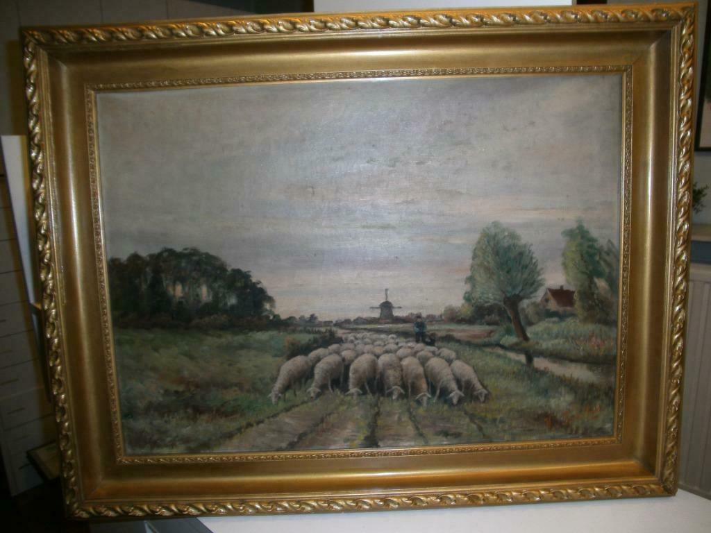 Koppel schilderijen grazende schapen met herder (S006), Antiek en Kunst, Ophalen