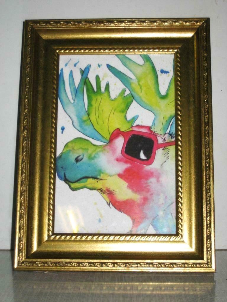 Mooie oude Aquarel schilderij (Hert met bril) met houten kad, Ophalen of Verzenden