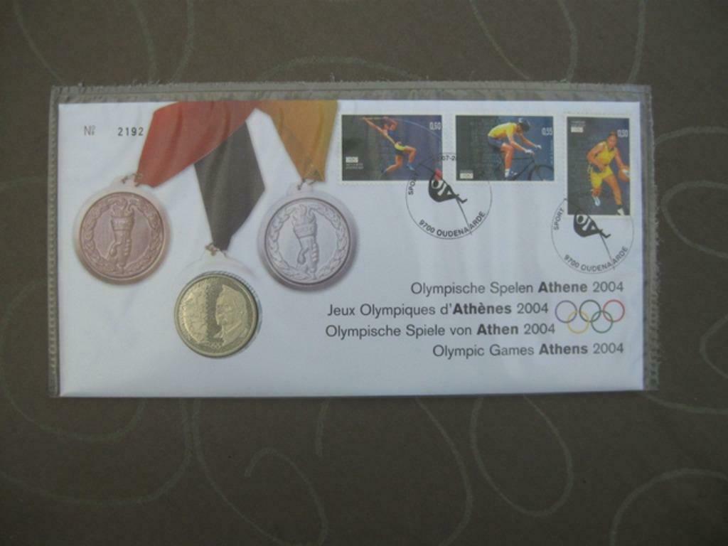 Numisletter FDC 3303 3305 België 2004 Olympische spelen, Enlèvement ou Envoi, Affranchi, Oblitération 1er jour, Jeux olympiques