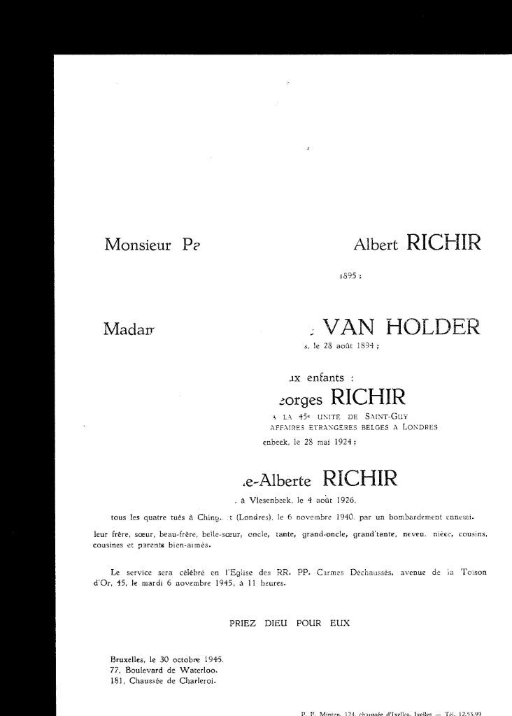 Rouwkaart fam.  P. RICHIR - overleden 1940, Verzamelen, Bidprentjes en Rouwkaarten, Verzenden, Rouwkaart