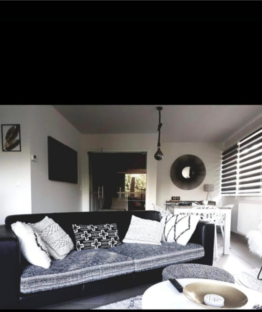 Bankstel Maison du Monde,  zwart mat leder & stoffen kussens, Immo, Brugge