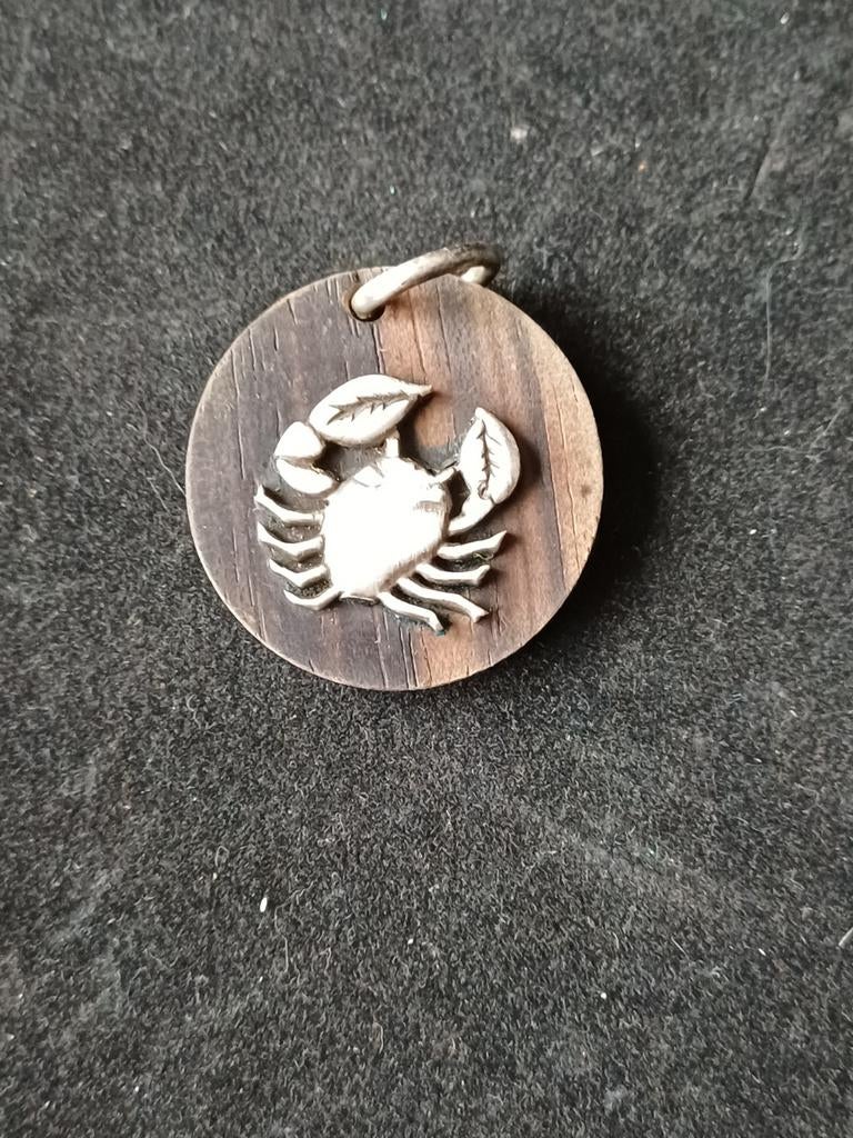 Mooi horoscoop hangertje kreeft in zilver en een houten plaa, Ophalen, Zilver