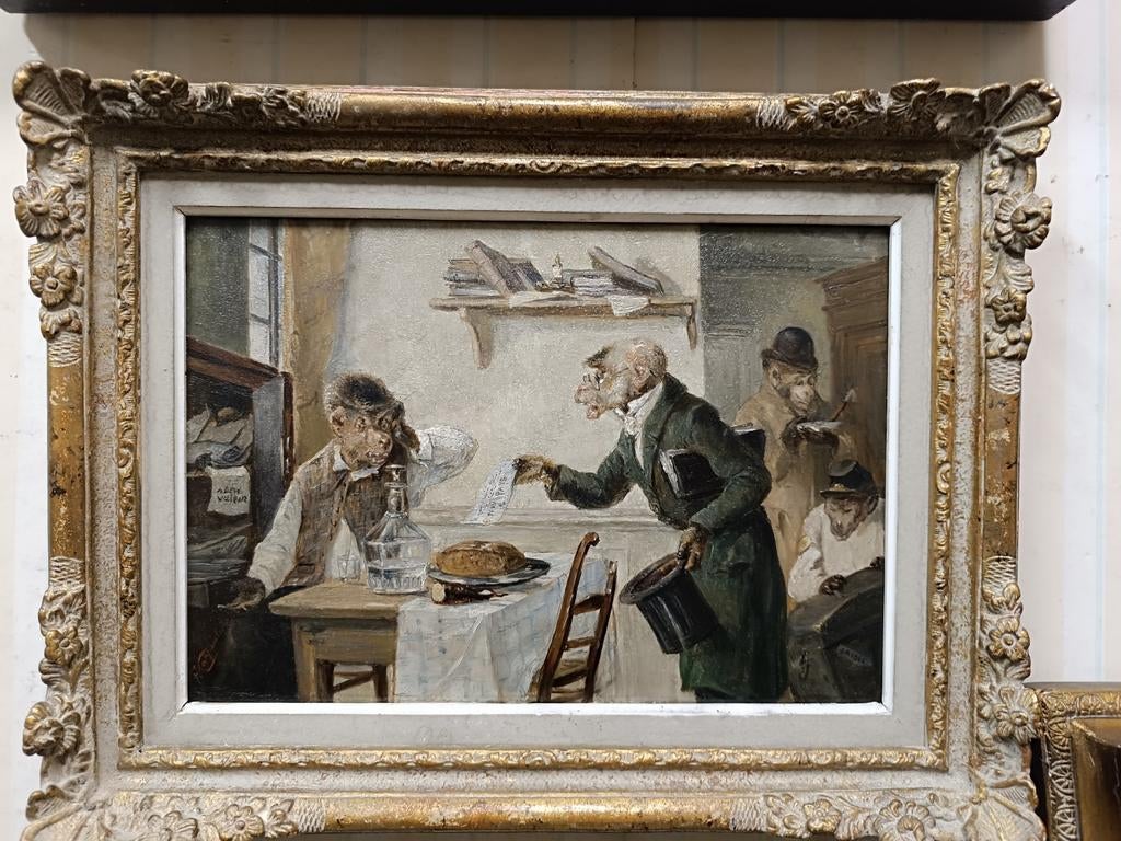 Oud schilderij „Singerie” - Fritz Carpentero - Olieverf op p, Ophalen