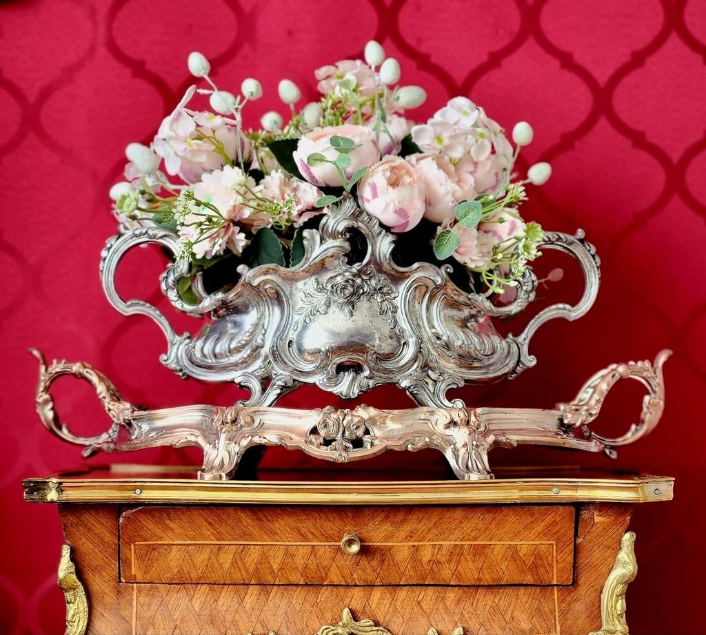 Antieke jardinière met onderschaal verzilverd, Antiek en Kunst, Ophalen of Verzenden