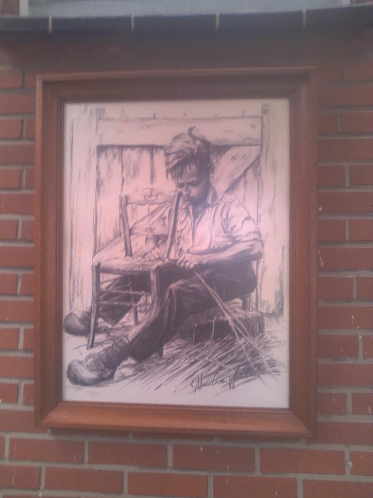 Tekening met potlood en houtskool met handtekening, Antiek en Kunst, Ophalen