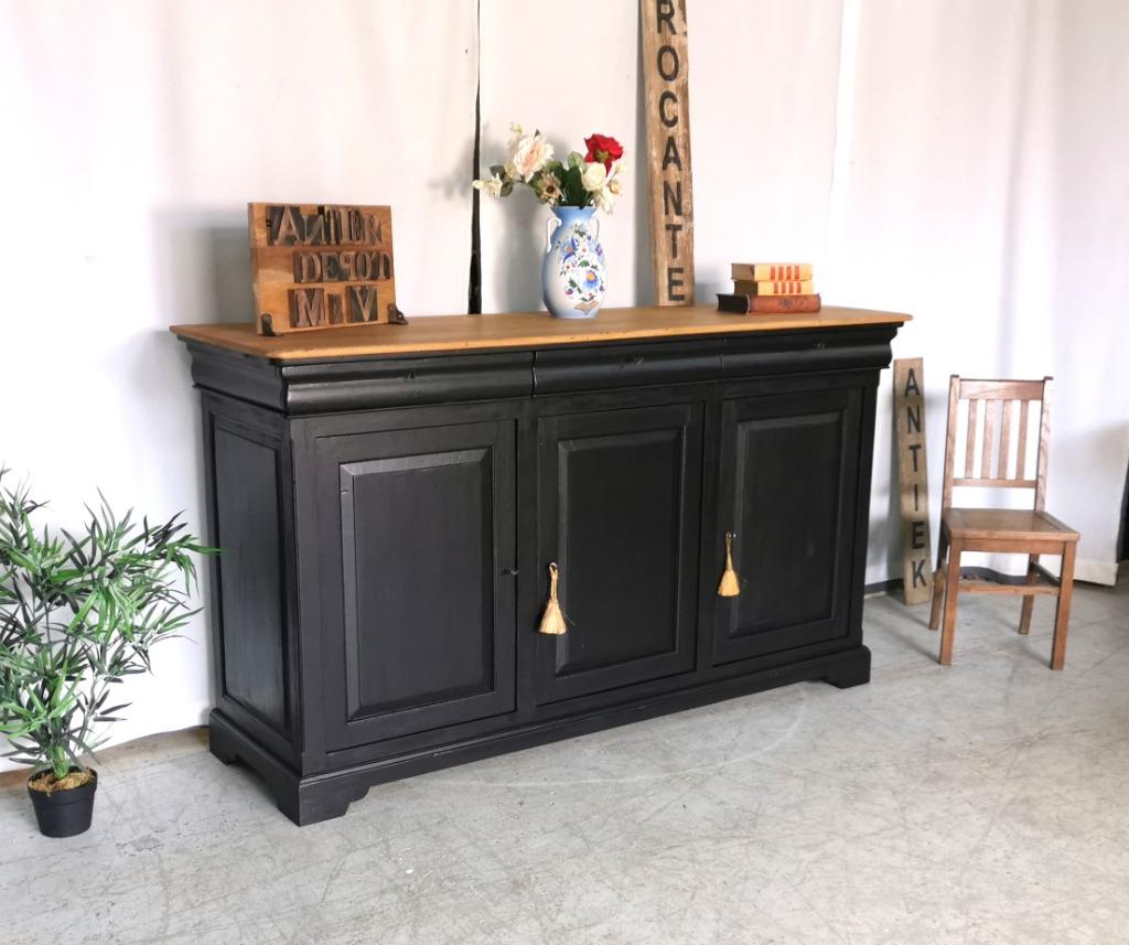 Oude lange Louis Philippe dressoir met naturel blad L 204, Huis en Inrichting, Kasten | Dressoirs, Gebruikt, 200 cm of meer, 50 tot 75 cm