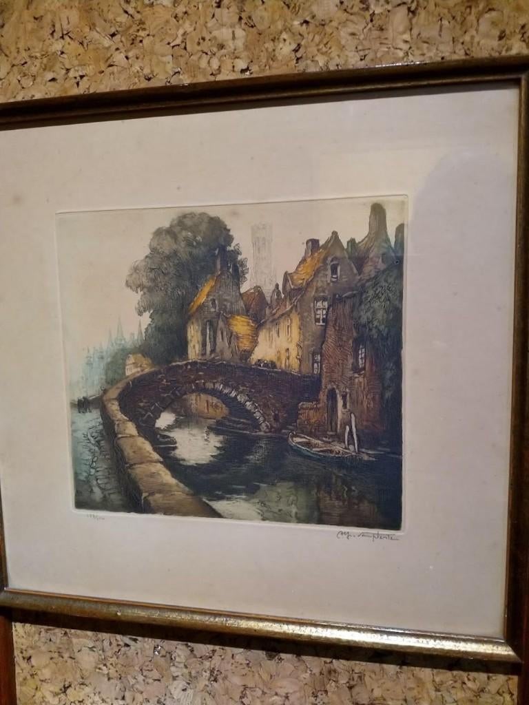 Van Neste Alfred Brugge 29x27.5 cm 18x16 cm kleurenetsts, Antiek en Kunst, Kunst | Etsen en Gravures, Ophalen of Verzenden
