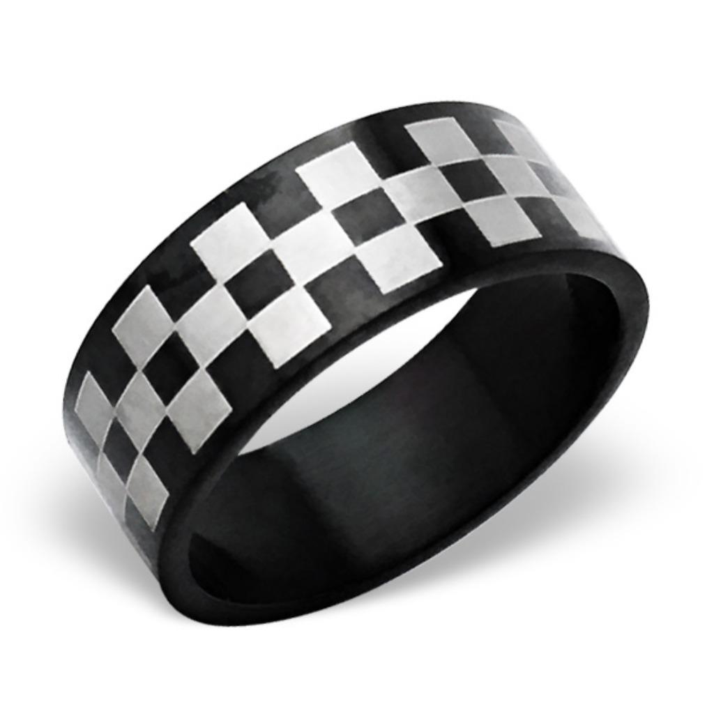 Bague pour homme en acier 316L - Motif à carreaux - SOLDES !, Neuf, Enlèvement ou Envoi, Fer ou Acier, Homme