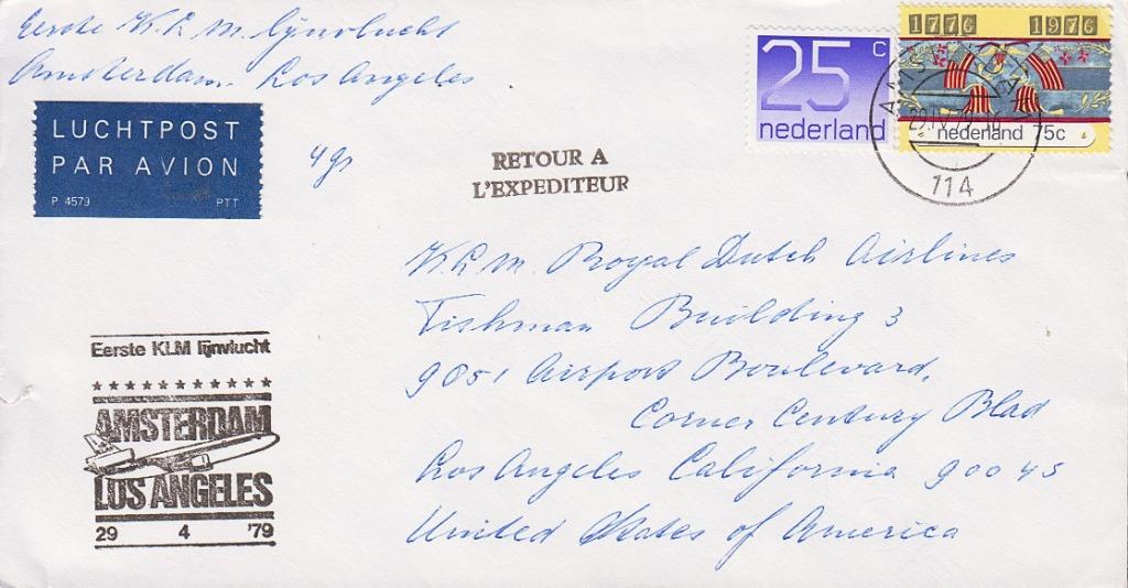 1979 - NEDERLAND - Cover Lijnvlucht Amsterdam-Los Angeles, Verzenden, Na 1940, Gestempeld