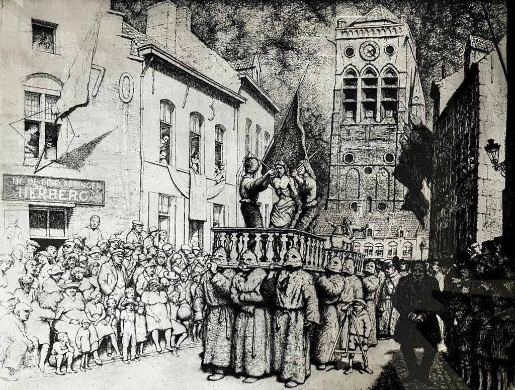 Ets Jacques Gorus (1901-1981) Boetprocessie Veurne, Antiek en Kunst, Kunst | Etsen en Gravures, Ophalen