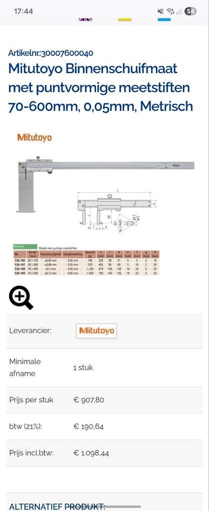 Mitutoyo schuifmaat 70-600mm nieuw, Doe-het-zelf en Bouw, Ophalen of Verzenden