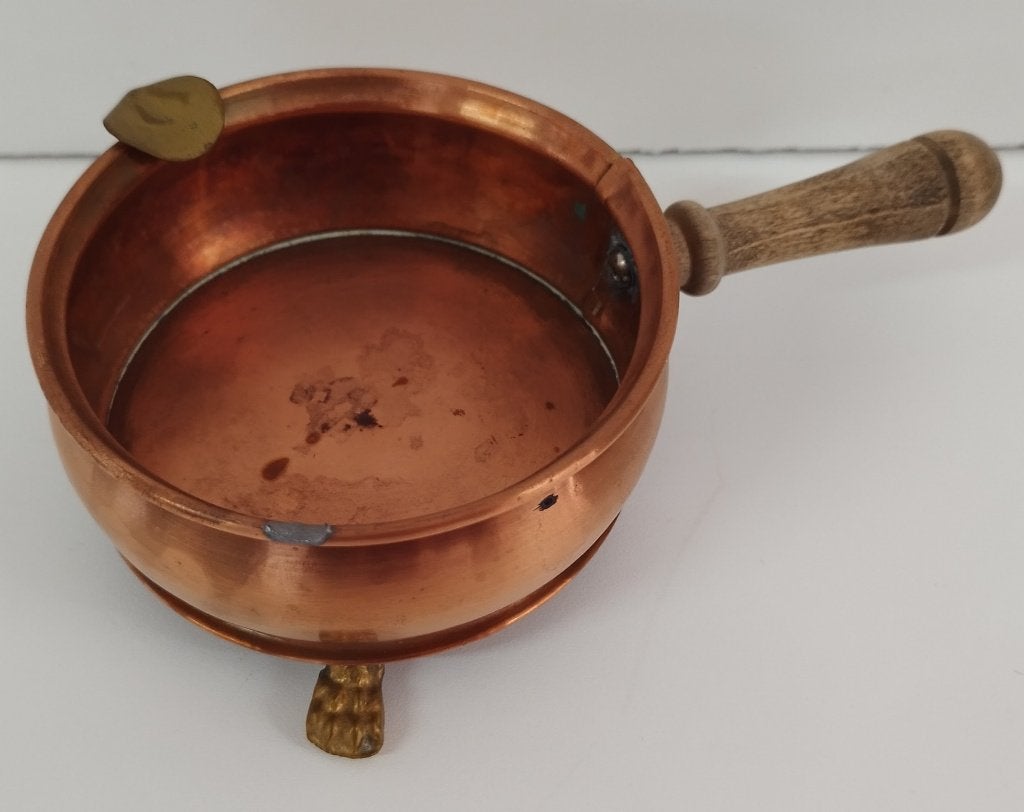 Vintage koperen asbak op pootjes met houten handgreep, Ophalen of Verzenden, Koper