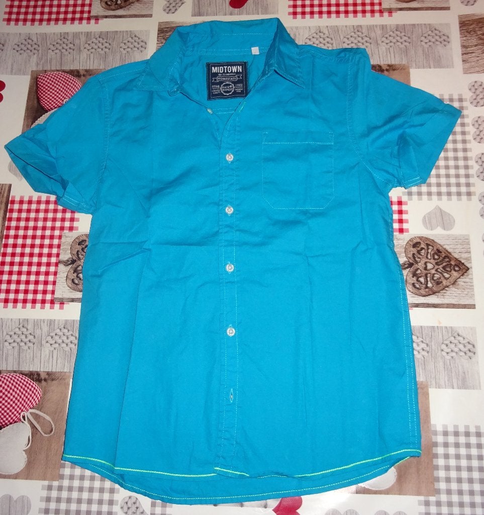 158/164 13/14 jaar hemd korte mouw blauw turquoise als nieuw, Ophalen of Verzenden, Zo goed als nieuw, Jongen, Overhemd of Blouse