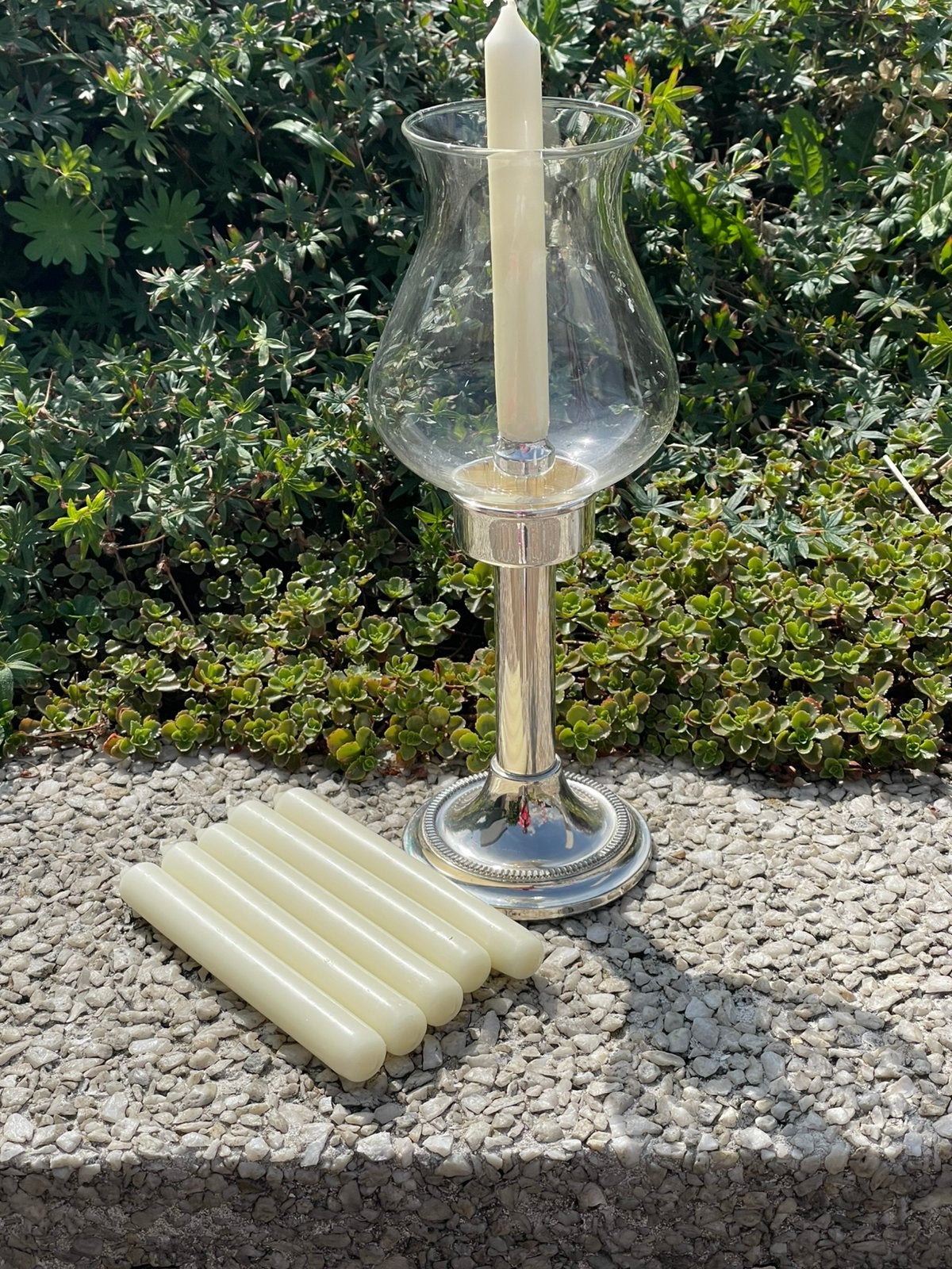 Vintage BMF Verzilverde Windlicht Kandelaar – Jaren '70/'80, Ophalen, Windlicht, Zilver, Glas
