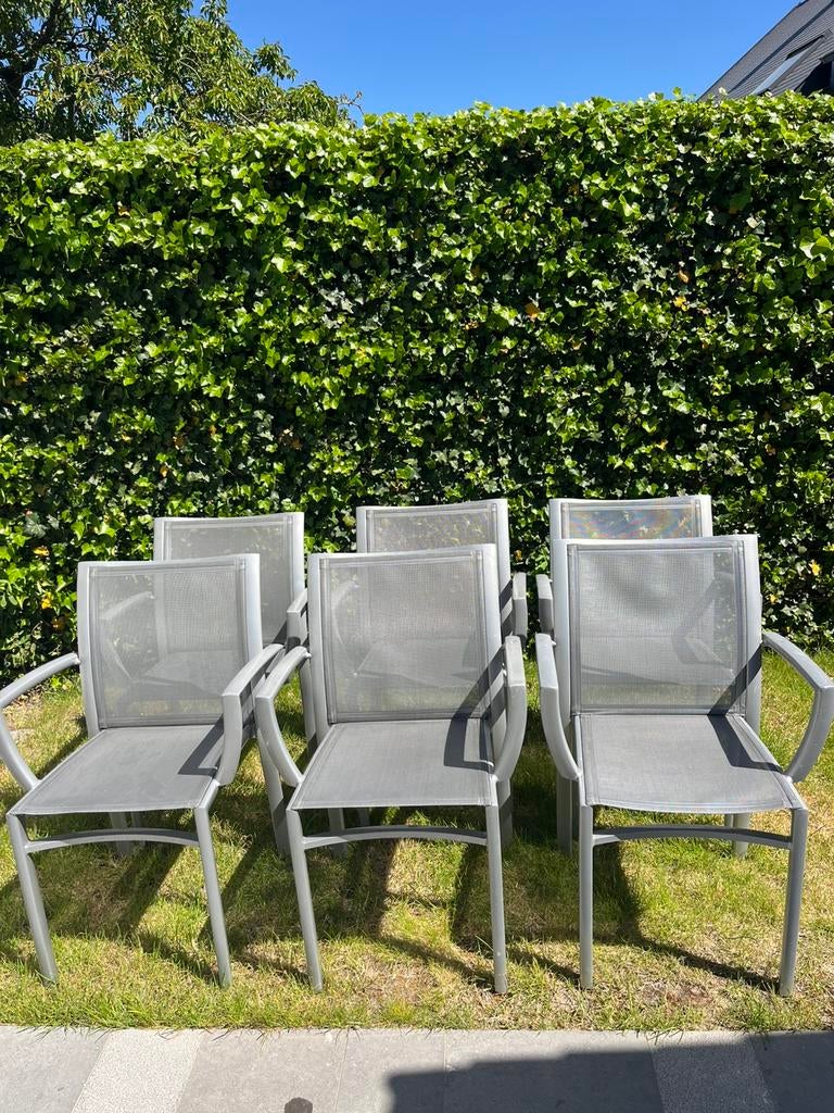Te koop 6 terrasstoelen-1ligbed-1opklapbaar tafeltje, Tuin en Terras, Tuinstoelen, Ophalen, Gebruikt, Aluminium, Stapelbaar