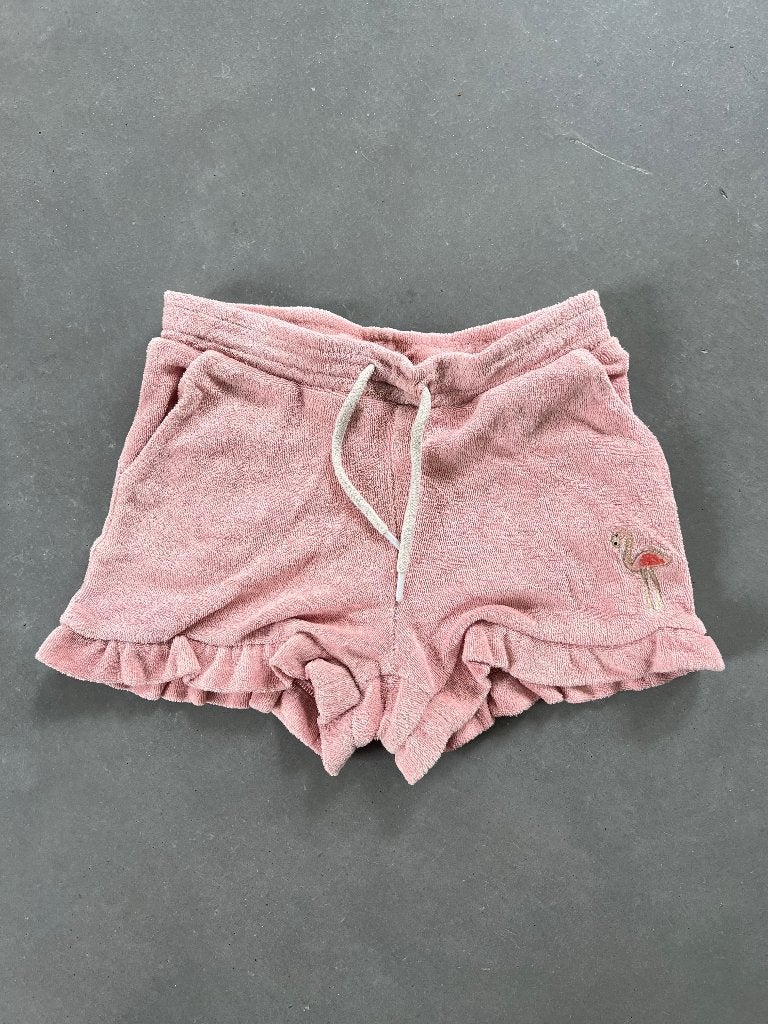 shortje met flamingo in badstof, Kinderen en Baby's, Kinderkleding | Maat 104, Broek, Gebruikt, Meisje, Ophalen of Verzenden
