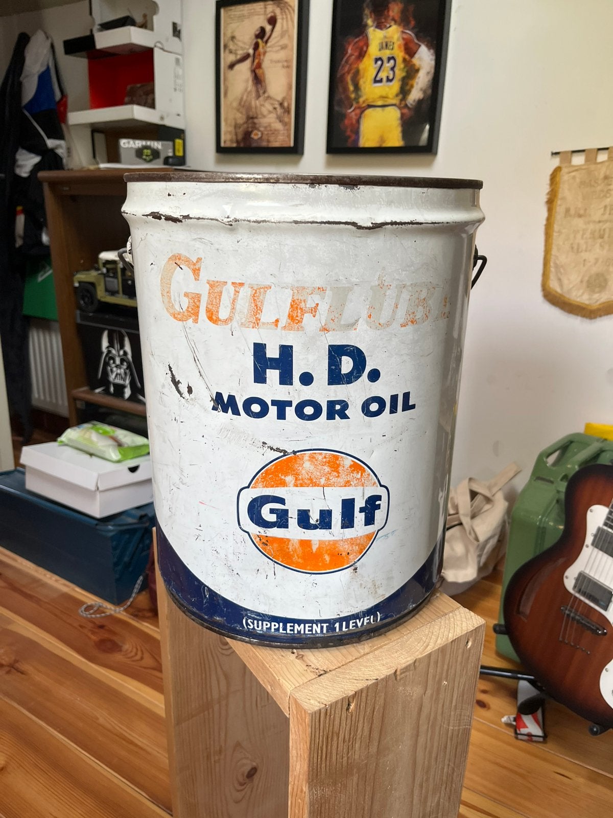 Vintage Gulf Gulflube Motor Oil Olievat, Ophalen, Gebruikt, Rond, Metaal