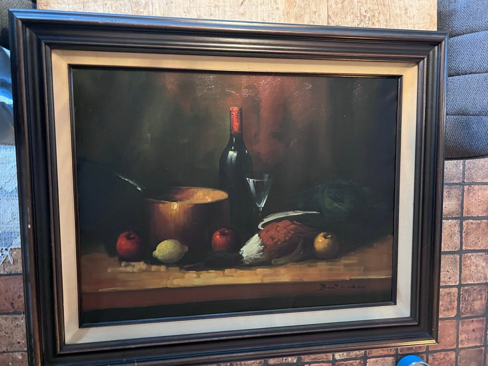 Klassiek jachtstilleven met wijnfles en fazant, Antiek en Kunst, Ophalen, Klassiek, Gesigneerd