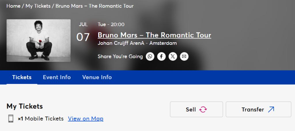 1 ticket Bruno Mars - De romantische tour - Amsterdam 07/07, Tickets en Kaartjes