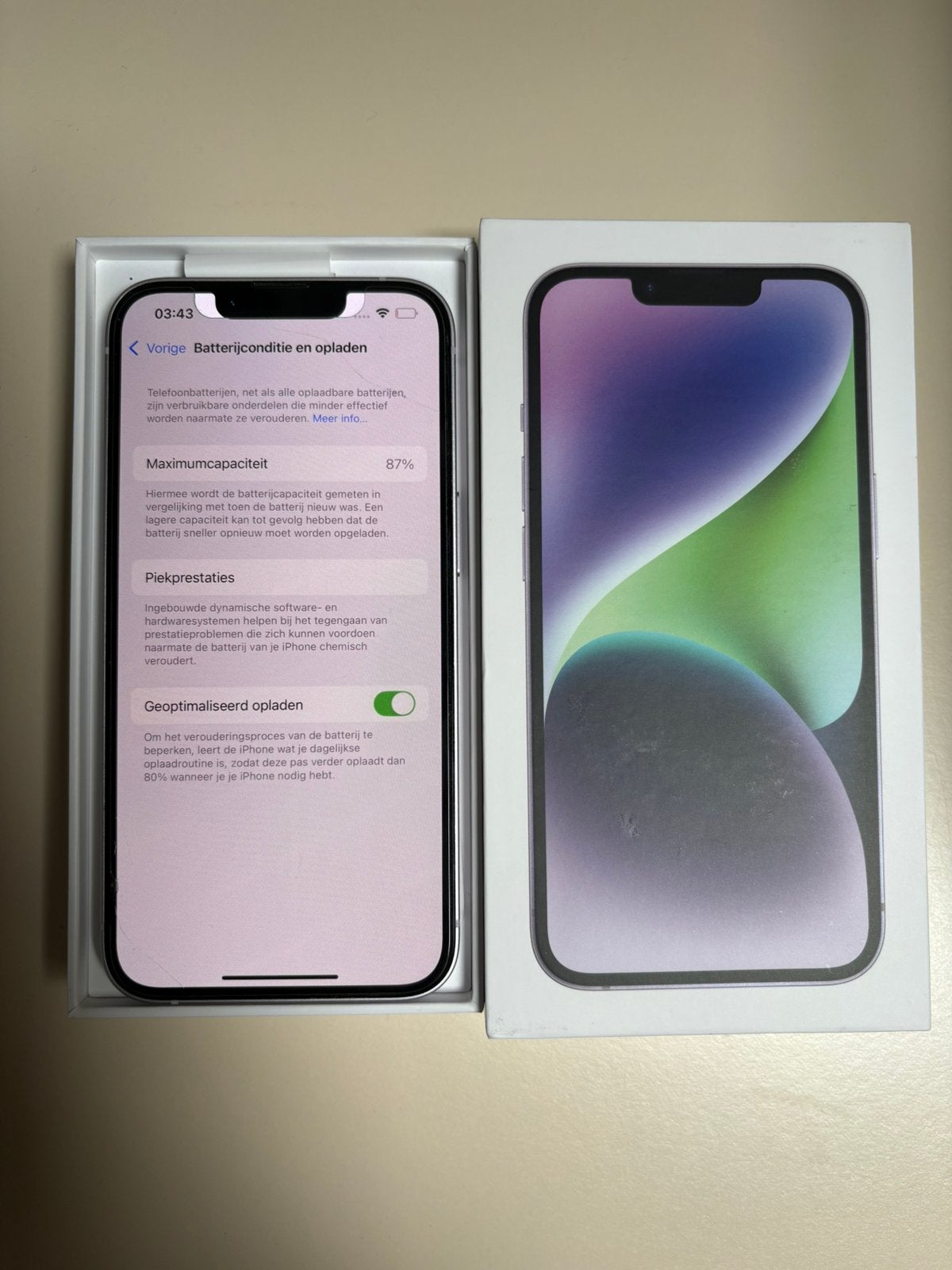 iPhone 14 256GB Purple/Lila, Telecommunicatie, Paars, Zo goed als nieuw, 87 %, IPhone 14