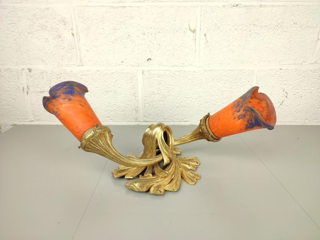 Antieke verguld bronzen plafondlamp Le Verre Francais, Antiquités & Art, Enlèvement ou Envoi