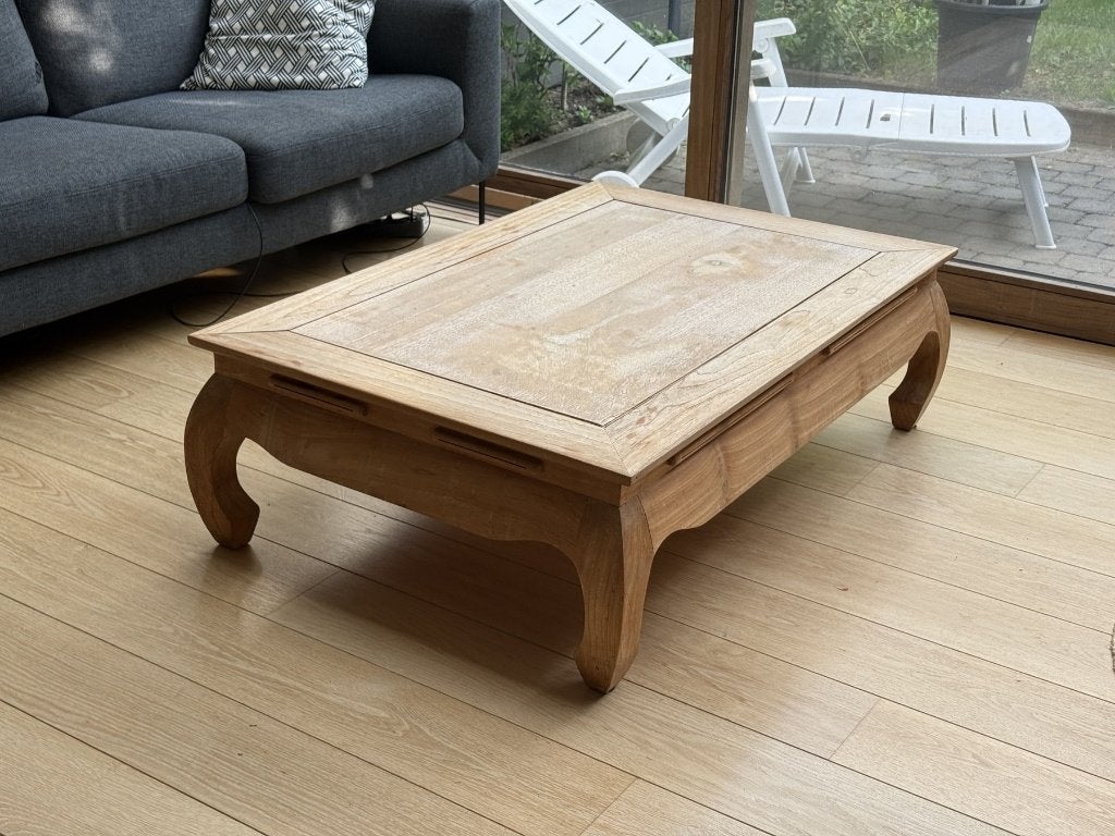 Table basse style indien en bois massif (teck) à rénover., Teck, 150 à 200 cm, Enlèvement, Utilisé