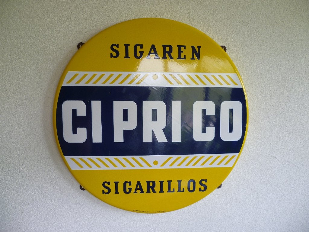 EMAILLE RECLAMEBORD"CIPRICO SIGAREN-SIGARILLOS"UIT 1958, Enlèvement ou Envoi, Utilisé, Panneau publicitaire
