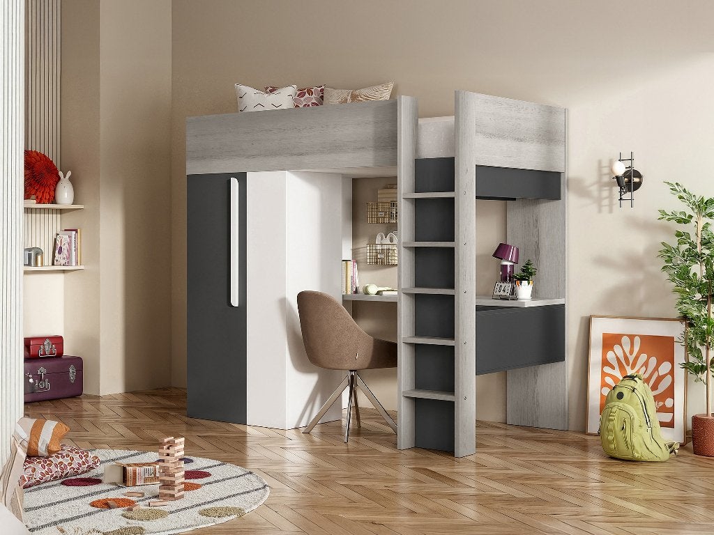 Lit mezzanine avec bureau et armoire violet/blanc/gris, Enlèvement, Comme neuf, Lit mezzanine