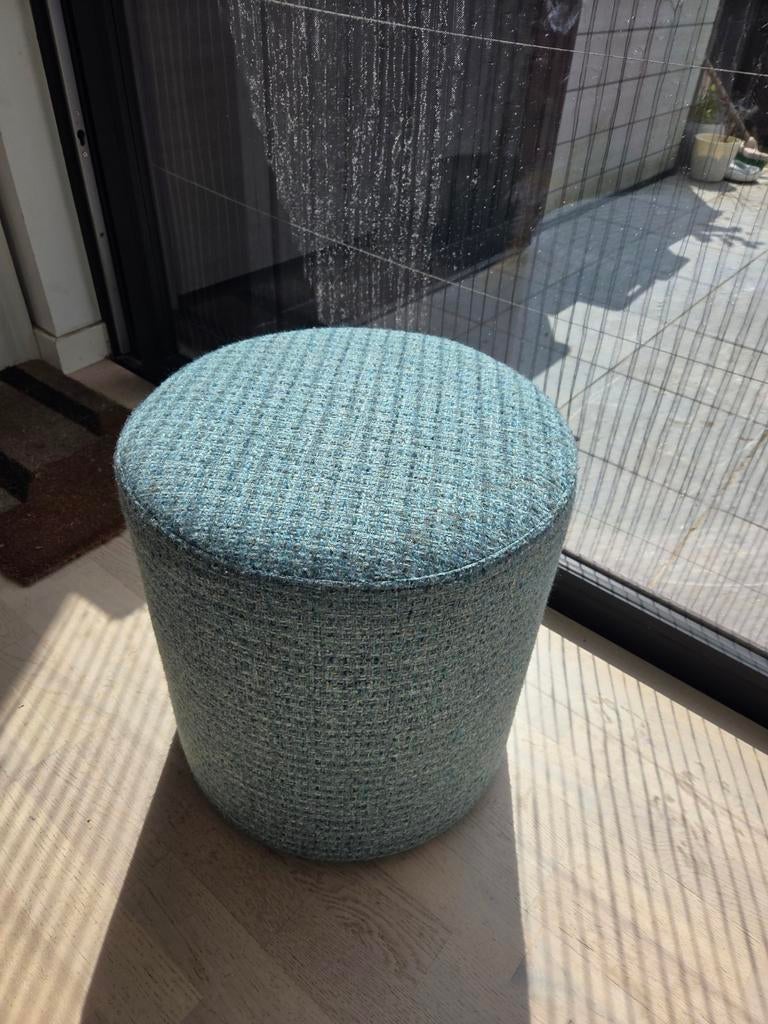 Ronde turquoise poef / krukje in stevige meubelstof, Ophalen