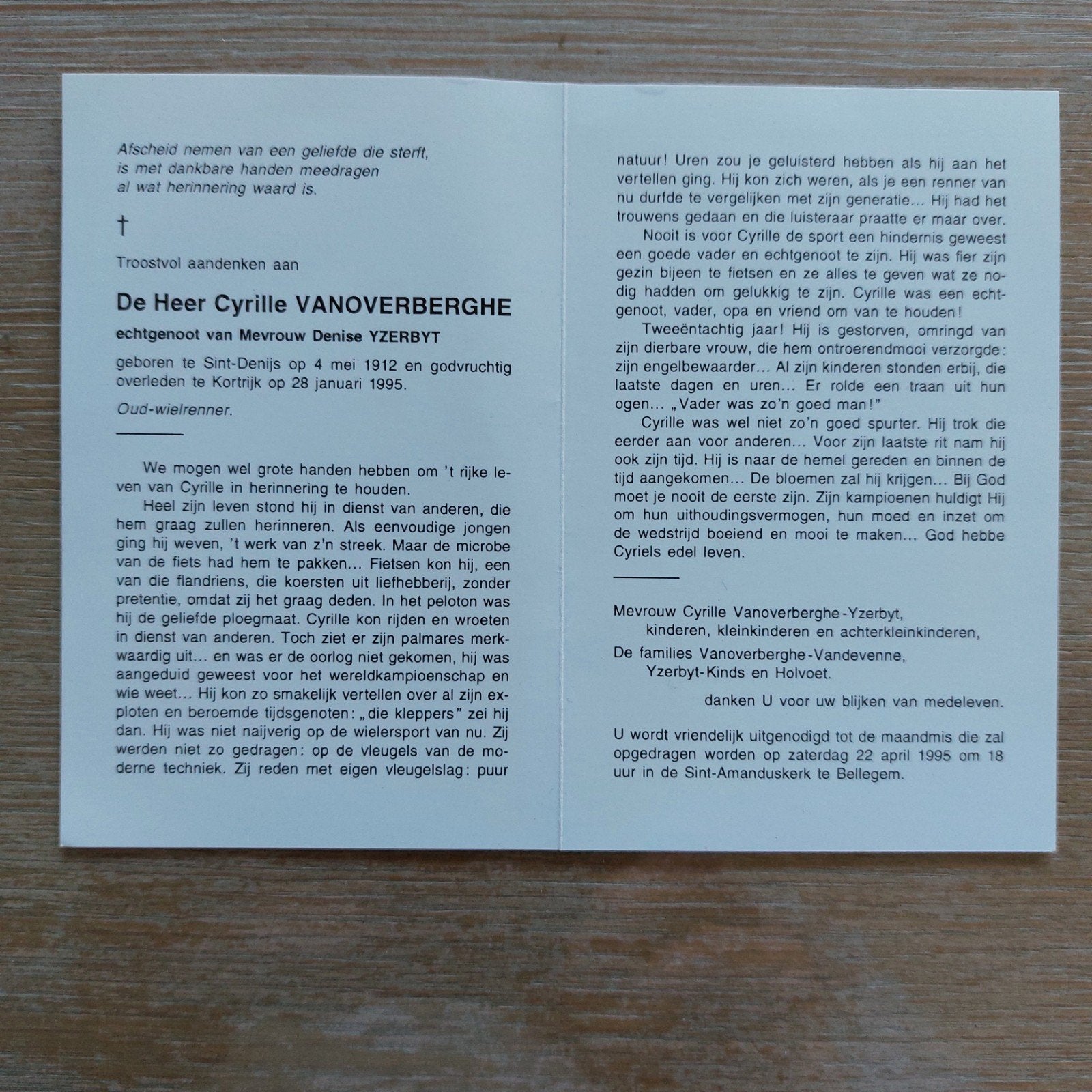 doodsprentje oud wielrenner Cyrille Vanoverberghe, Collections, Enlèvement ou Envoi