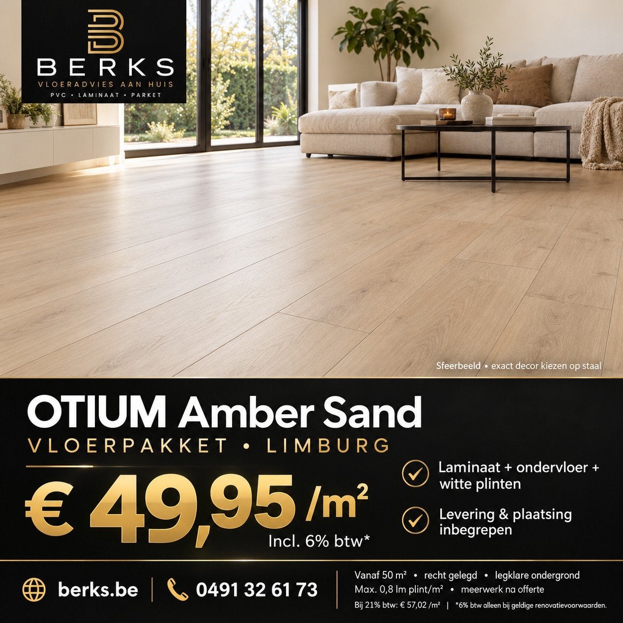 Laminaat Amber Sand incl. plaatsing, ondervloer en plintenEe, Ophalen of Verzenden, Nieuw, Laminaat