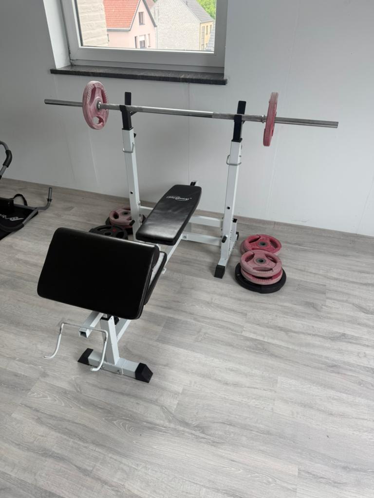 Benchpress met bar & schijven, Ophalen, Zo goed als nieuw, Benen