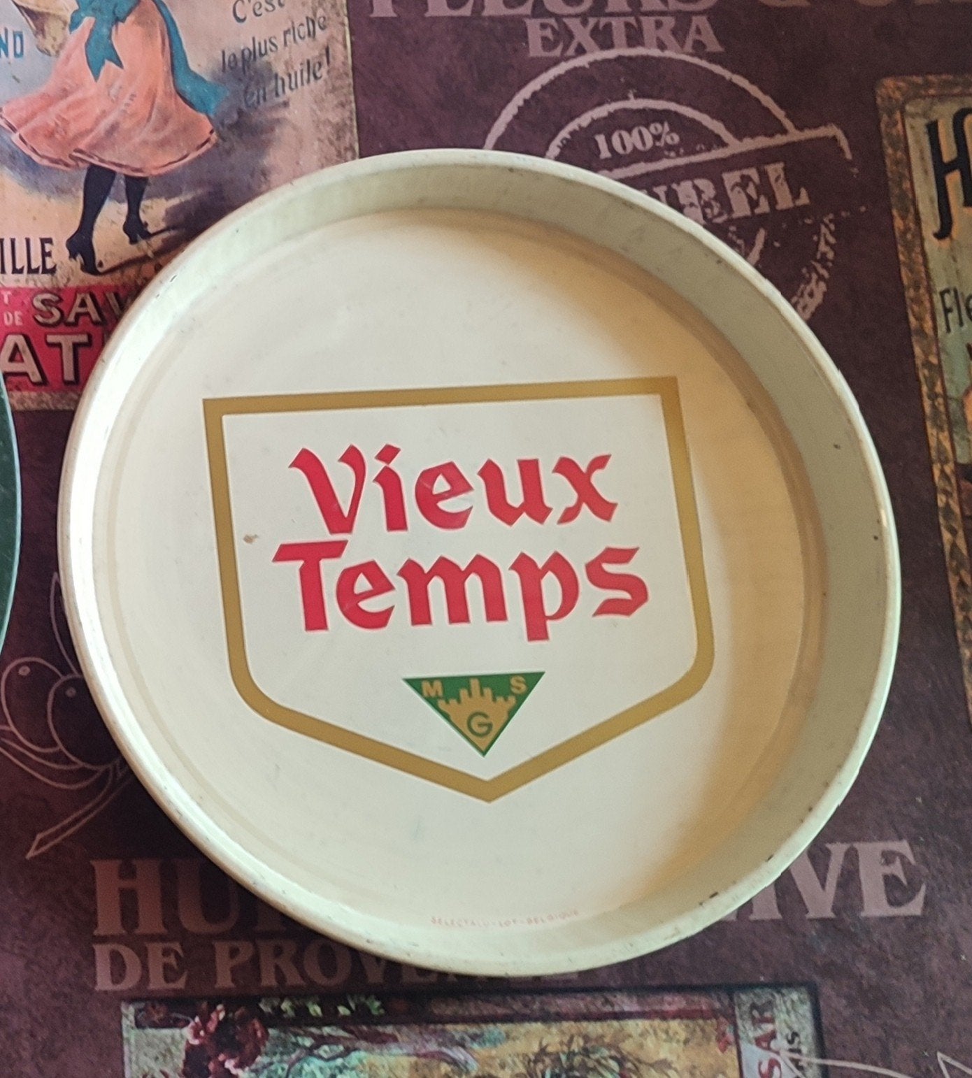 Ancien plateau VIEUX-TEMPS , de Mont-st-Guibert ., Collections, Enlèvement ou Envoi, Utilisé, Panneau, Plaque ou Plaquette publicitaire