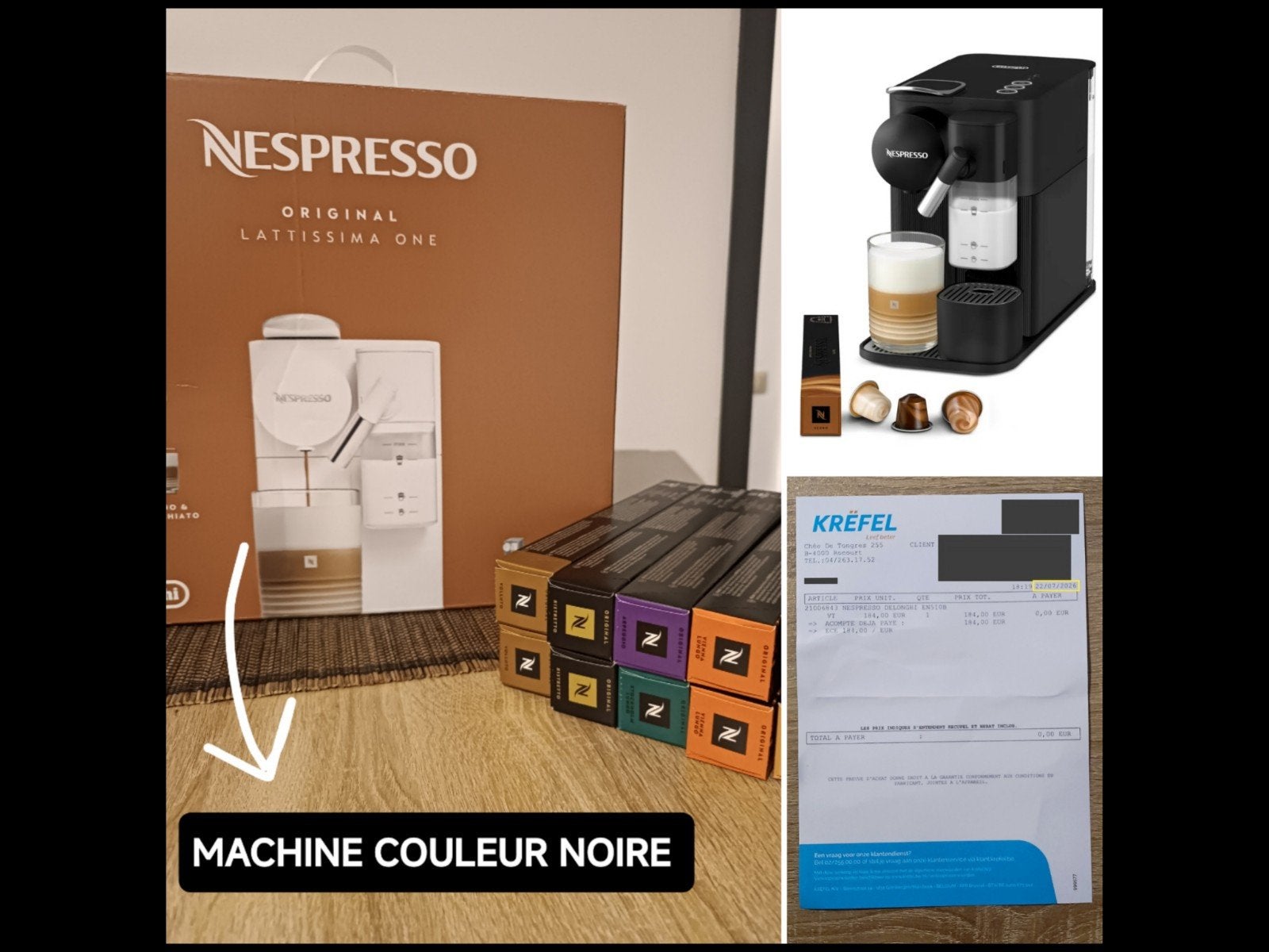 DeLonghi Lattissima NOIRE NEUVE Garantie 2ans (+100caps), Enlèvement, Neuf, Machine à espresso, Dosettes et capsules de café