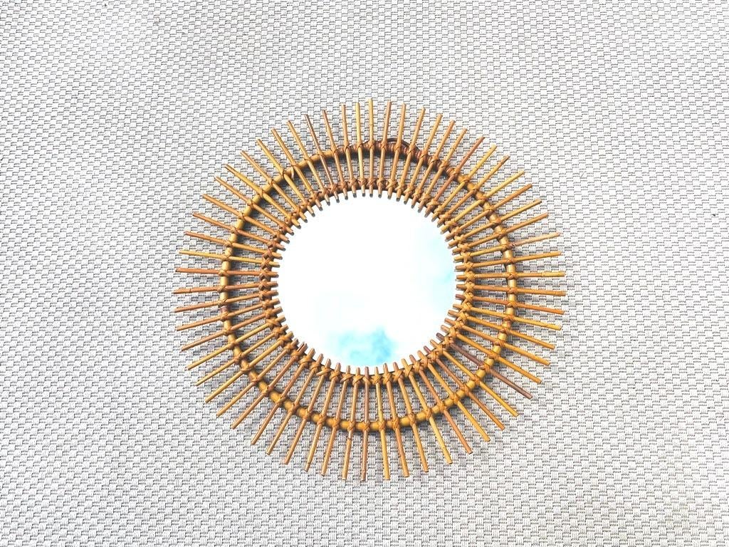 Grand miroir soleil rotin  68 cm * Vintage 60s * Spiegel, Enlèvement ou Envoi, Utilisé, Rond