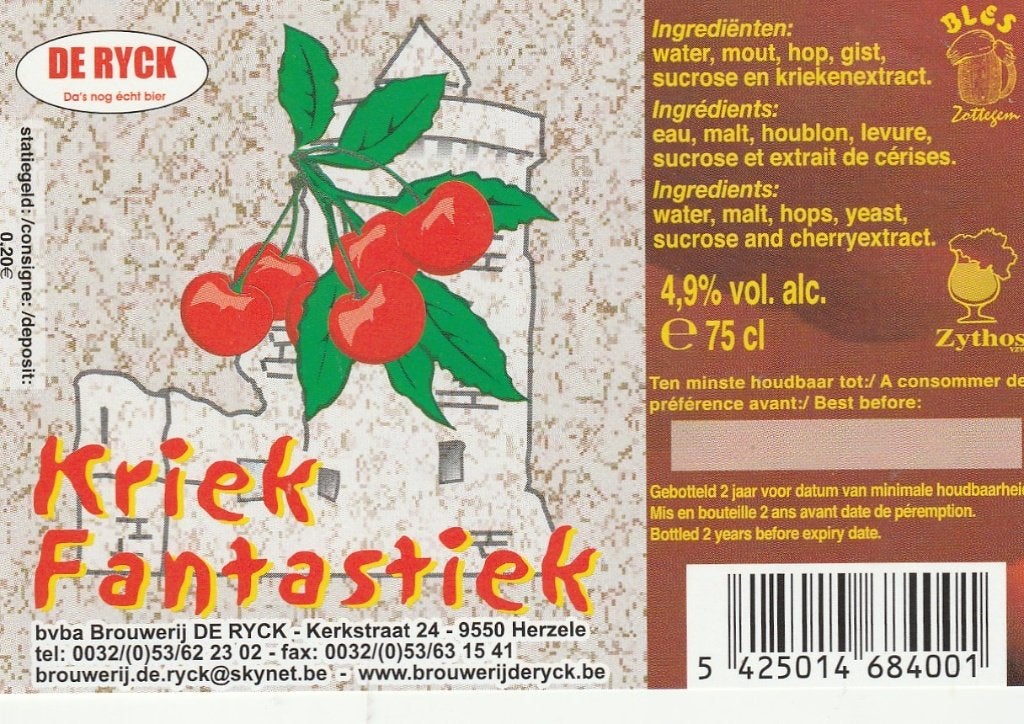 bieretiket De Ryck Herzele : Kriek Fantastiek, Verzamelen, Verzenden, Gebruikt, Overige typen, Overige merken