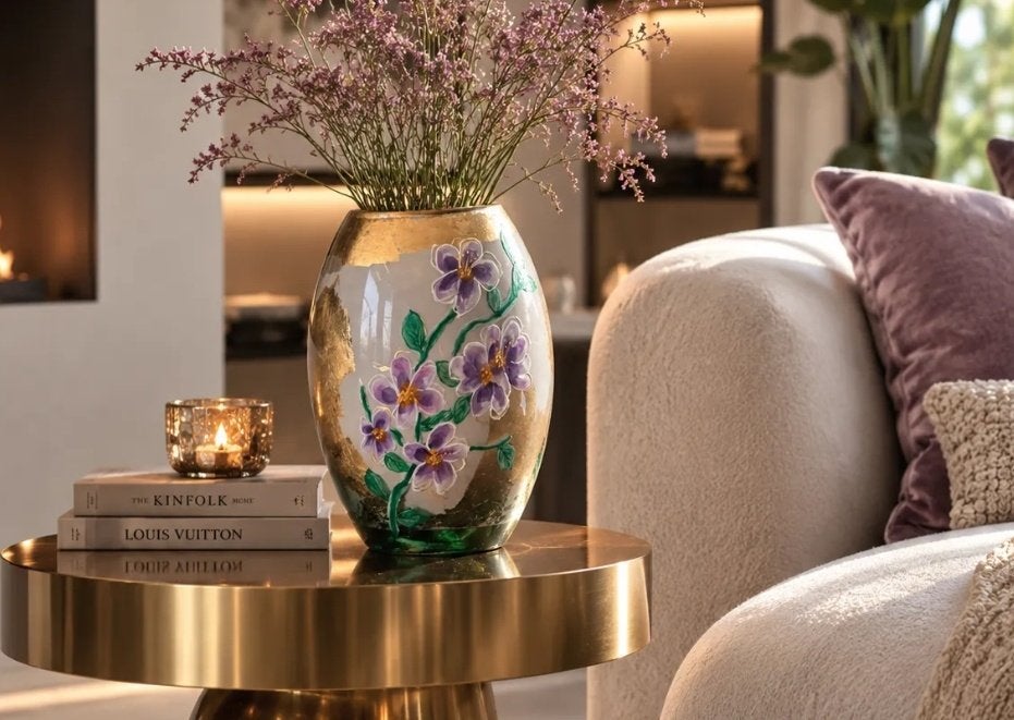 Handgeschilderde glazen vaas, Maison & Meubles, Neuf, Gris, Enlèvement ou Envoi, Convient pour fleurs séchées