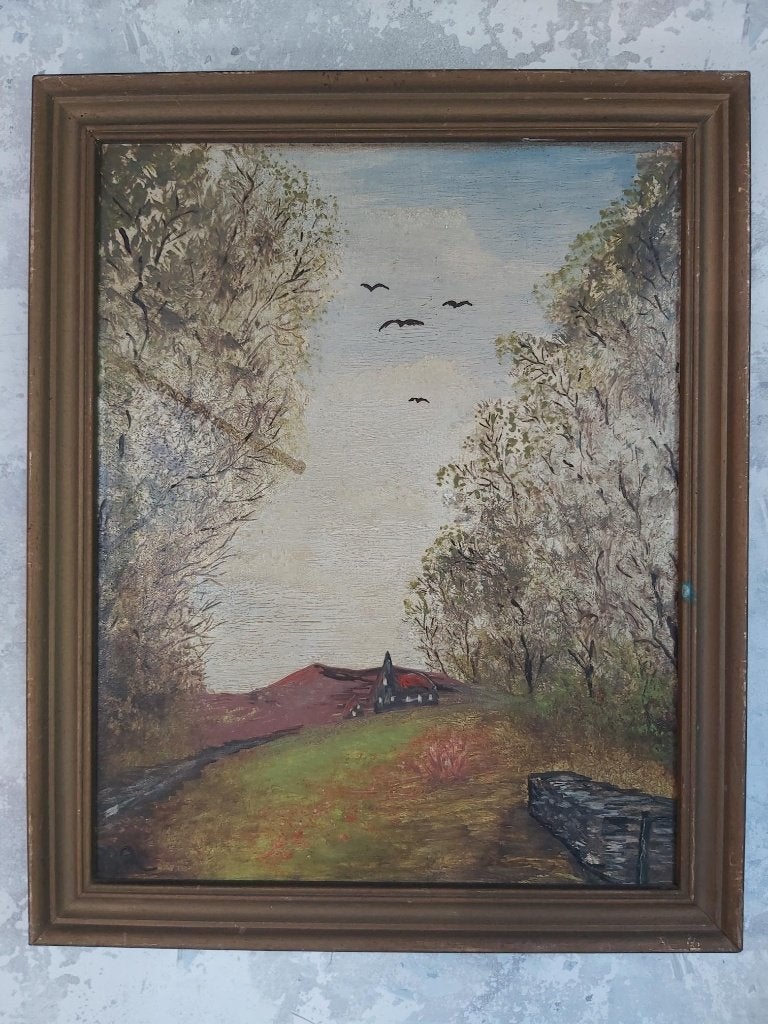 Leuk vintage frans schilderij landschap op hardboard, Antiquités & Art, Enlèvement ou Envoi, Peinture à l'huile, Panneau, Paysage