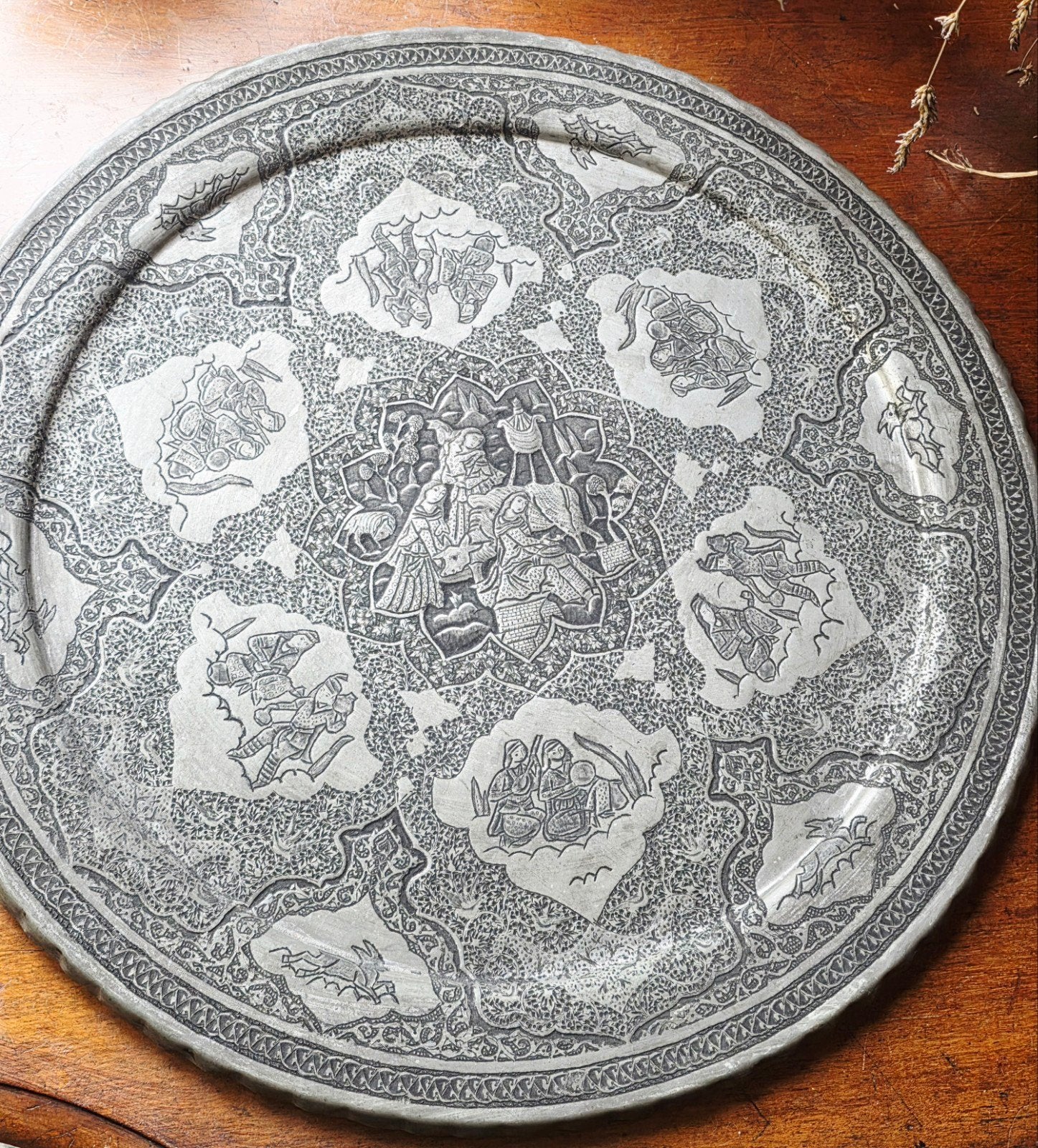 Antieke Perzische schaal 49,8cm vertind koper, Ophalen of Verzenden, Koper