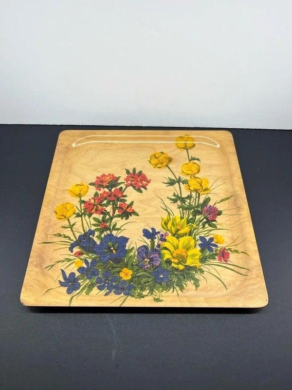 Plateau brun en platex vintage avec motif floral coloré, Maison & Meubles, Accessoires pour la Maison | Plateaux, Enlèvement ou Envoi