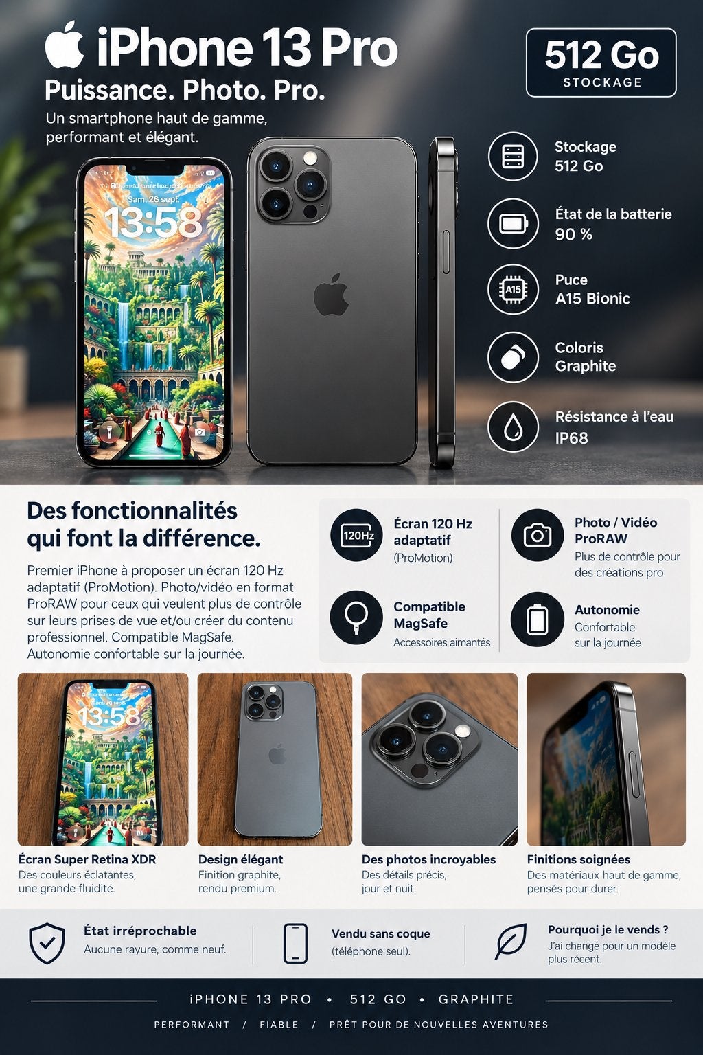 IPhone 13 Pro - 512Go, 512 GB, Comme neuf, Enlèvement, IPhone 13 Pro