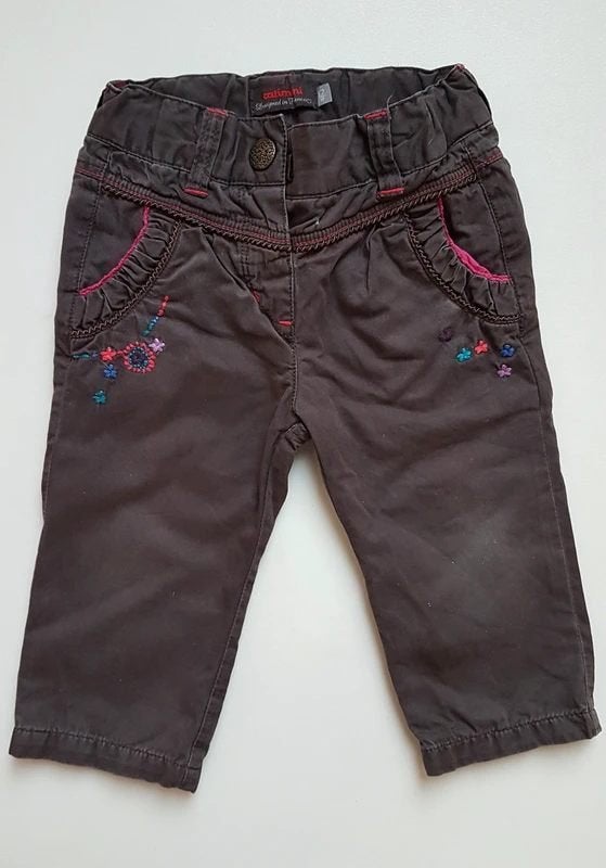 CATIMINI - Pantalon brun fleurs brodées - T.12 mois, Pantalon, Catimini, Enlèvement ou Envoi, Utilisé