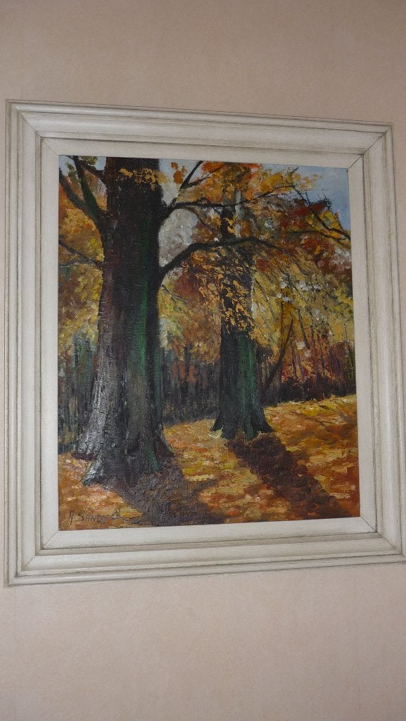 Groot sfeervol herfstschilderij met witte lijst  A. Sandyck, Ophalen, Acrylverf, Doek, Bijzondere lijst